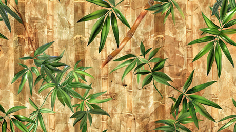 Bamboo wallpaper design file showing detailed tropical leaves on golden wood background