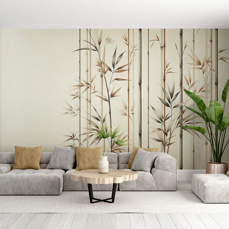 Bamboo wall mural creating a peaceful atmosphere in a modern living room with natural light and minimal furniture