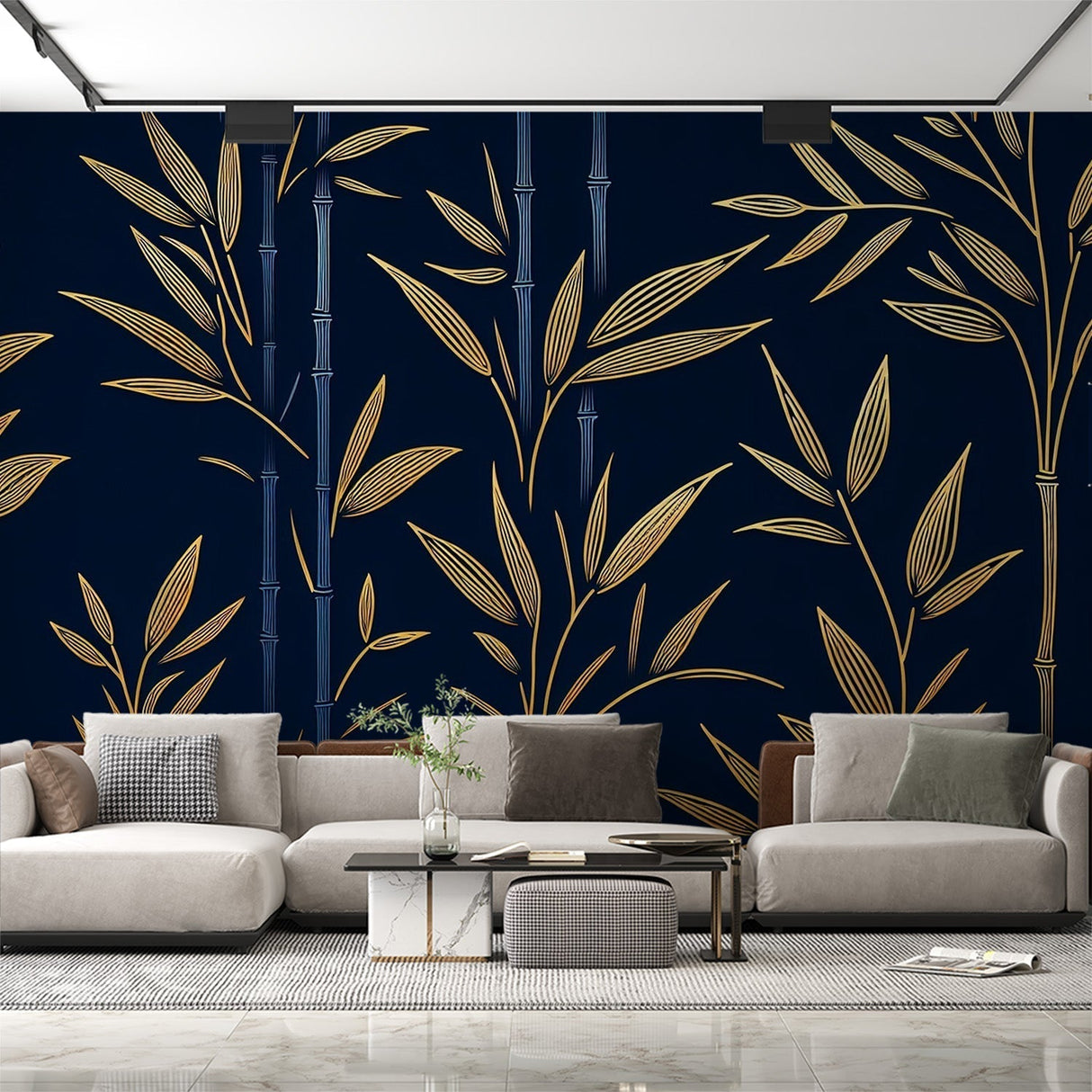 Navy and gold bamboo wallpaper creating an elegant atmosphere in a modern dining room with soft lighting