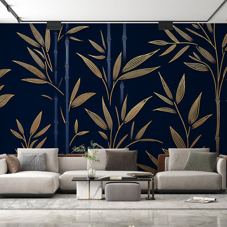 Navy and gold bamboo wallpaper creating an elegant atmosphere in a modern dining room with soft lighting
