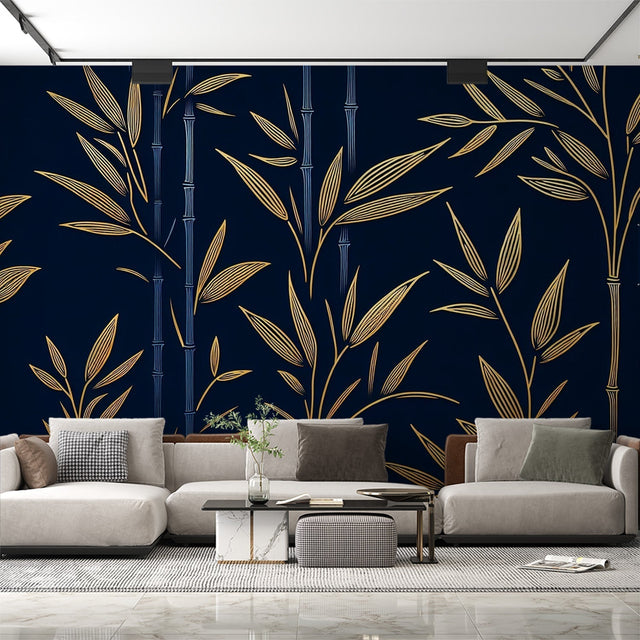 Navy and gold bamboo wallpaper creating an elegant atmosphere in a modern dining room with soft lighting
