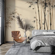 Bamboo forest wallpaper creating a serene atmosphere in a modern minimalist living room with natural light