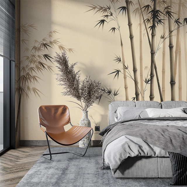 Bamboo forest wallpaper creating a serene atmosphere in a modern minimalist living room with natural light
