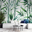 Bamboo forest wallpaper creating a peaceful atmosphere in a modern living room with natural light and minimal furniture