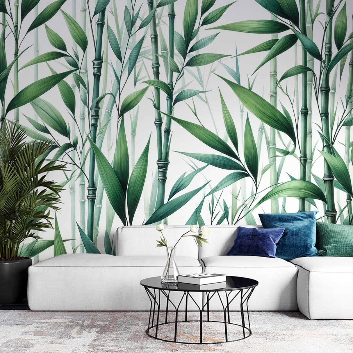 Bamboo forest wallpaper creating a peaceful atmosphere in a modern living room with natural light and minimal furniture