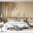 Bamboo forest wallpaper creating a peaceful atmosphere in a modern living room with natural light highlighting the misty details