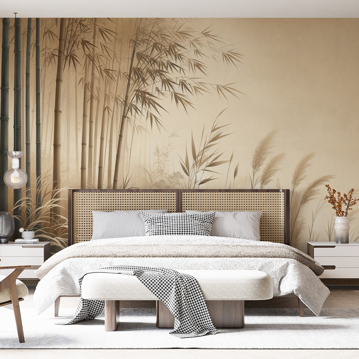 Bamboo forest wallpaper creating a peaceful atmosphere in a modern living room with natural light highlighting the misty details