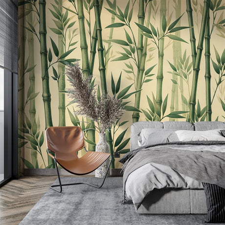 Bamboo wall mural creating a peaceful atmosphere in a modern living room with natural light and minimal furniture