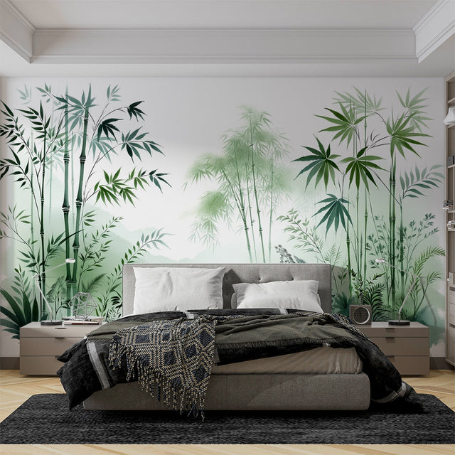 Bamboo forest wallpaper creating a serene atmosphere in a modern living room with natural light