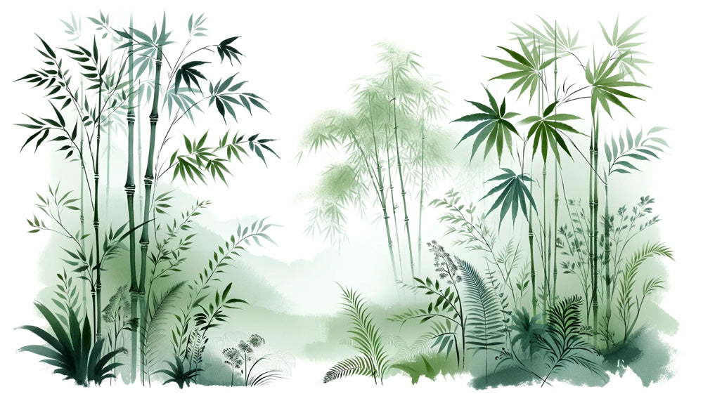 Oriental garden watercolor design file showing delicate bamboo stalks and misty background pattern