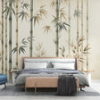 Bamboo wallpaper in sage green creating a zen atmosphere in a modern living room with natural light