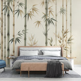 Bamboo wallpaper in sage green creating a zen atmosphere in a modern living room with natural light