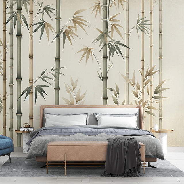 Bamboo wallpaper in sage green creating a zen atmosphere in a modern living room with natural light
