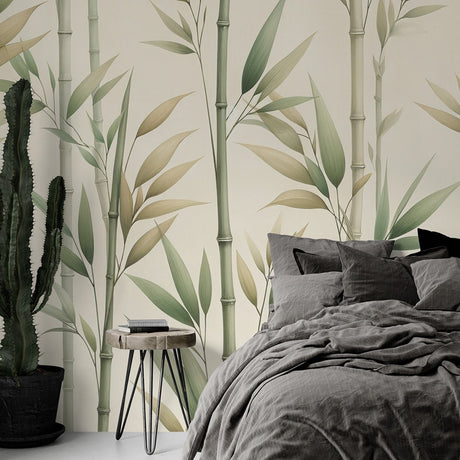 Bamboo wall mural creating a peaceful atmosphere in a modern living room with sage green accents and natural light