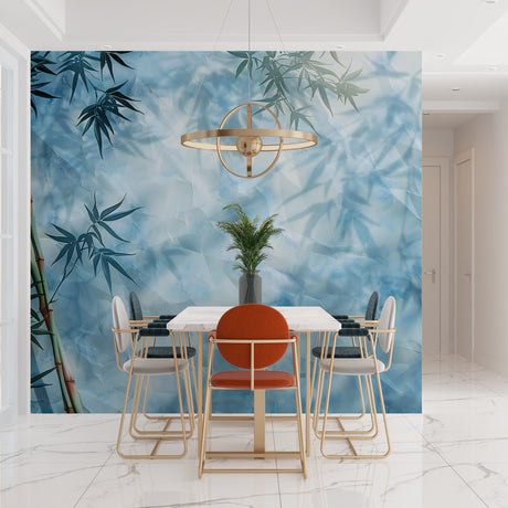 Bamboo wallpaper in bright modern living room, natural light highlighting blue sky design