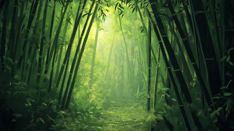 Bamboo forest wallpaper creating depth in a modern living room, sunlight streaming through bamboo stems
