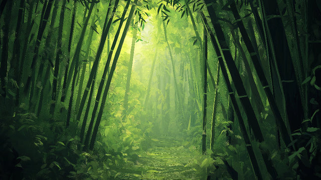 Bamboo forest wallpaper creating depth in a modern living room, sunlight streaming through bamboo stems