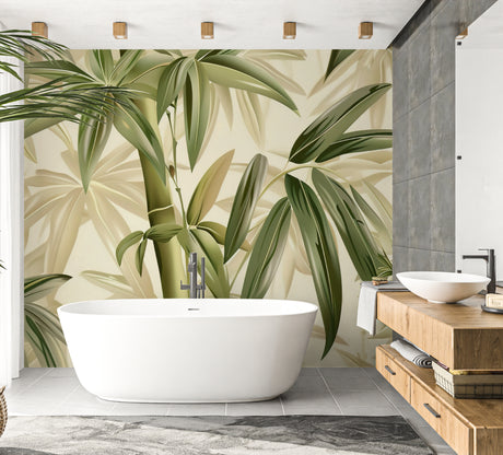 Bamboo wall mural creating a zen atmosphere in a modern living room with white furniture