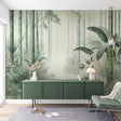 Bamboo forest wallpaper creating a peaceful atmosphere in a modern living room with natural light and minimal furniture