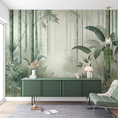 Bamboo forest wallpaper creating a peaceful atmosphere in a modern living room with natural light and minimal furniture