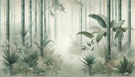 Bamboo forest wallpaper design file showing detailed tropical green foliage pattern with morning mist effect