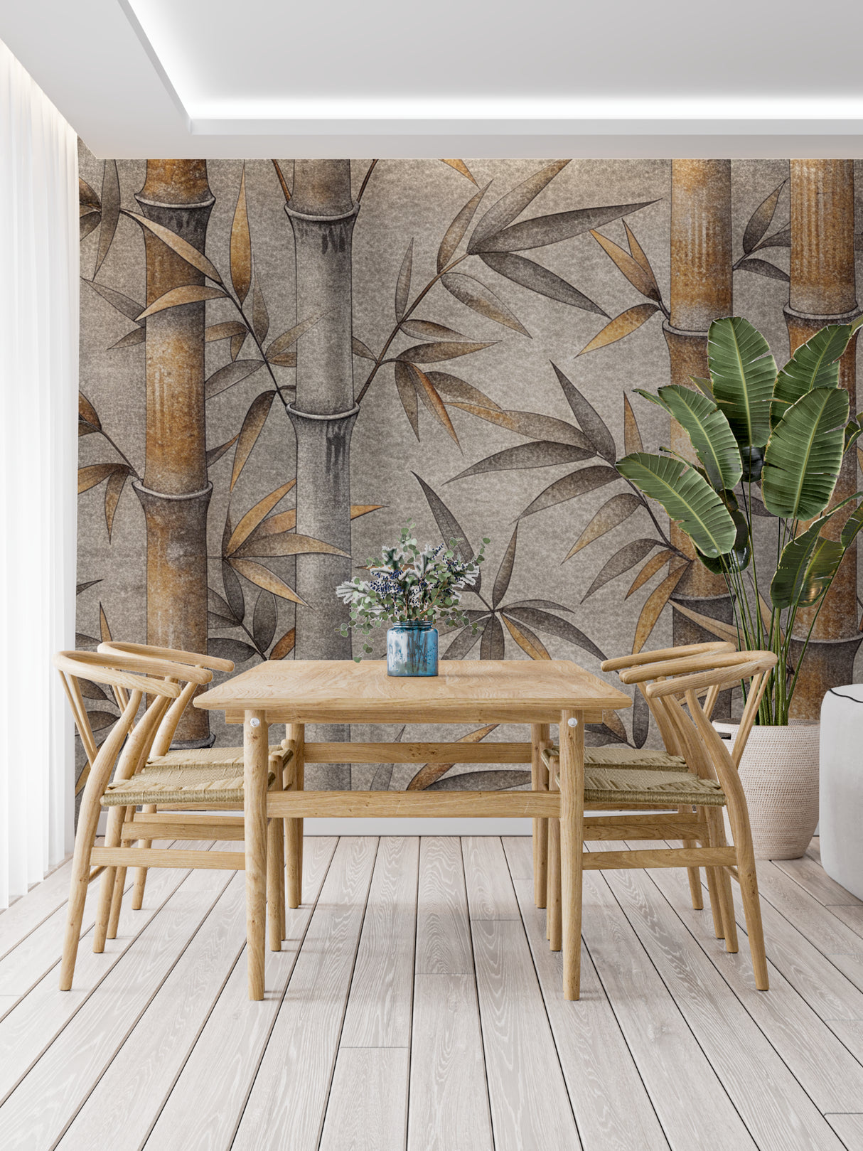 Bamboo wallpaper in modern living room with grey sofa and gold accents