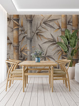 Bamboo wallpaper in modern living room with grey sofa and gold accents