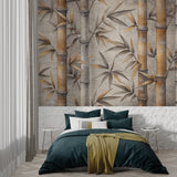 Oriental bamboo mural creating zen atmosphere in master bedroom