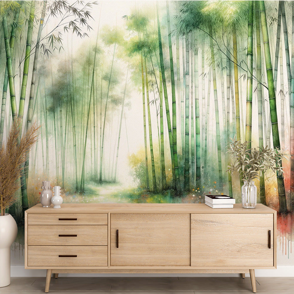 Bamboo forest wallpaper creating a serene atmosphere in a modern living room with natural light and minimal furniture