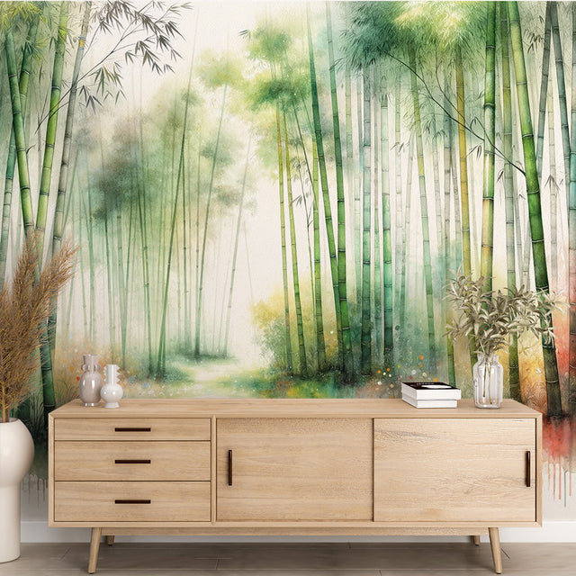 Bamboo forest wallpaper creating a serene atmosphere in a modern living room with natural light and minimal furniture