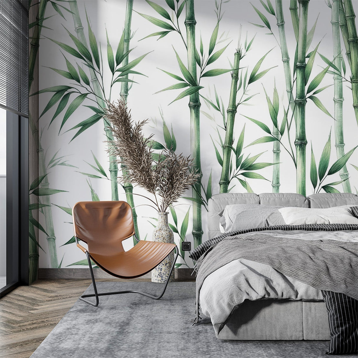 Bamboo wallpaper mural creating a zen atmosphere in a modern living room with natural light and minimal furniture