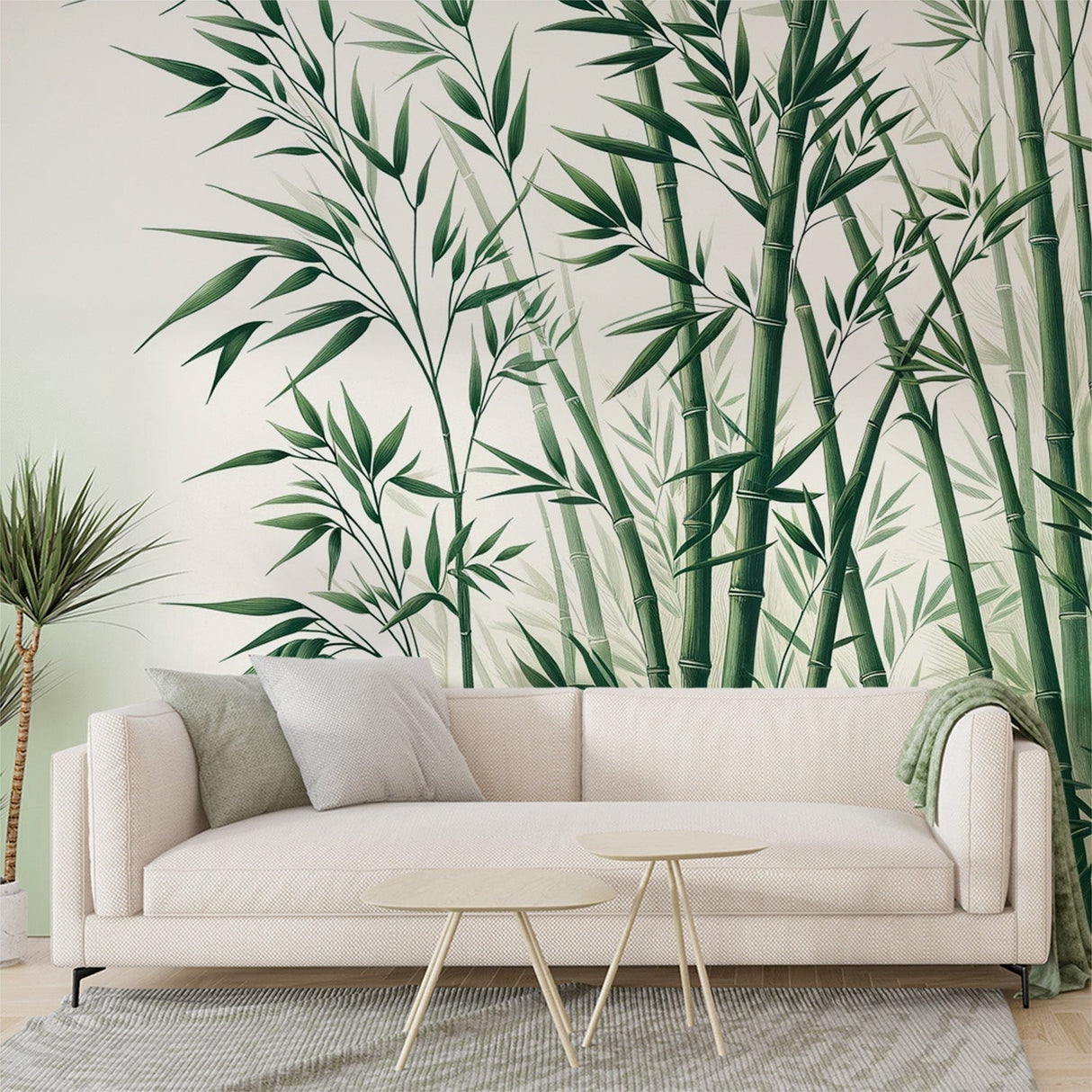 Bamboo forest wallpaper creating a serene atmosphere in a modern living room with minimalist furniture