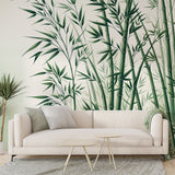 Bamboo forest wallpaper creating a serene atmosphere in a modern living room with minimalist furniture