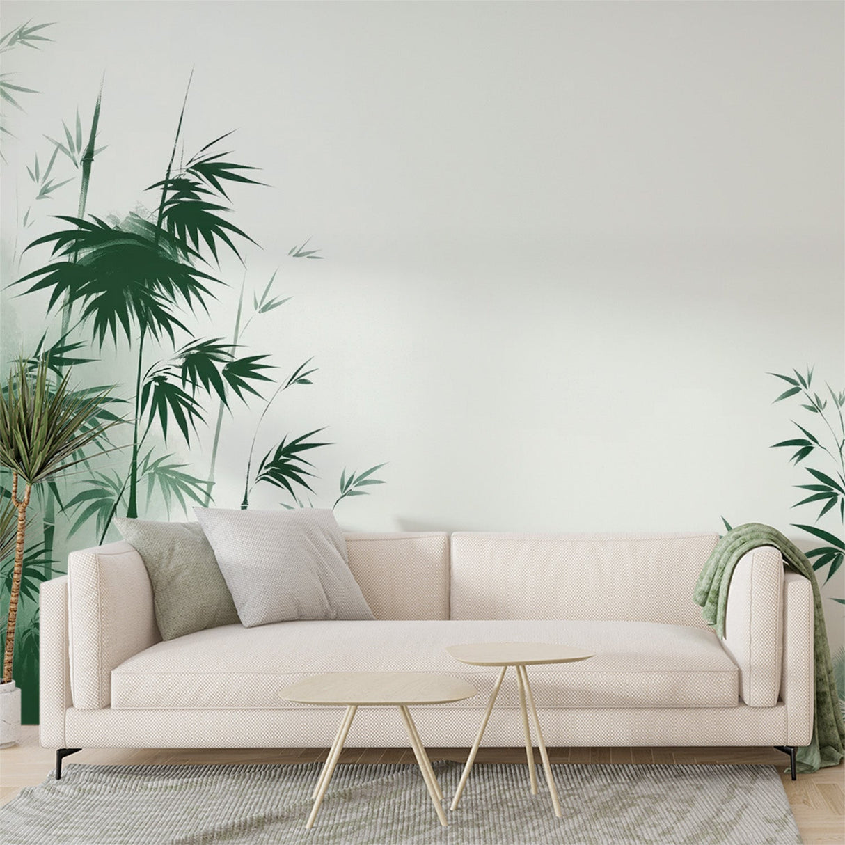 Bamboo forest wallpaper creating a peaceful atmosphere in a modern meditation room with natural light