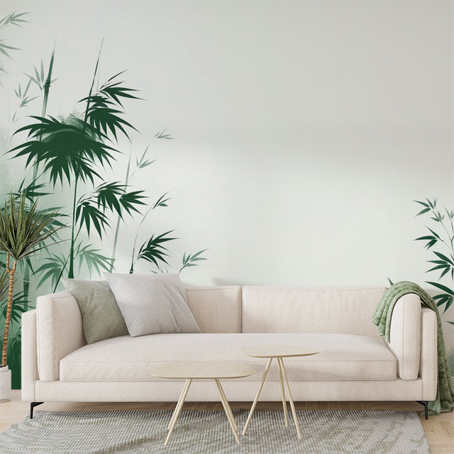 Bamboo forest wallpaper creating a peaceful atmosphere in a modern meditation room with natural light