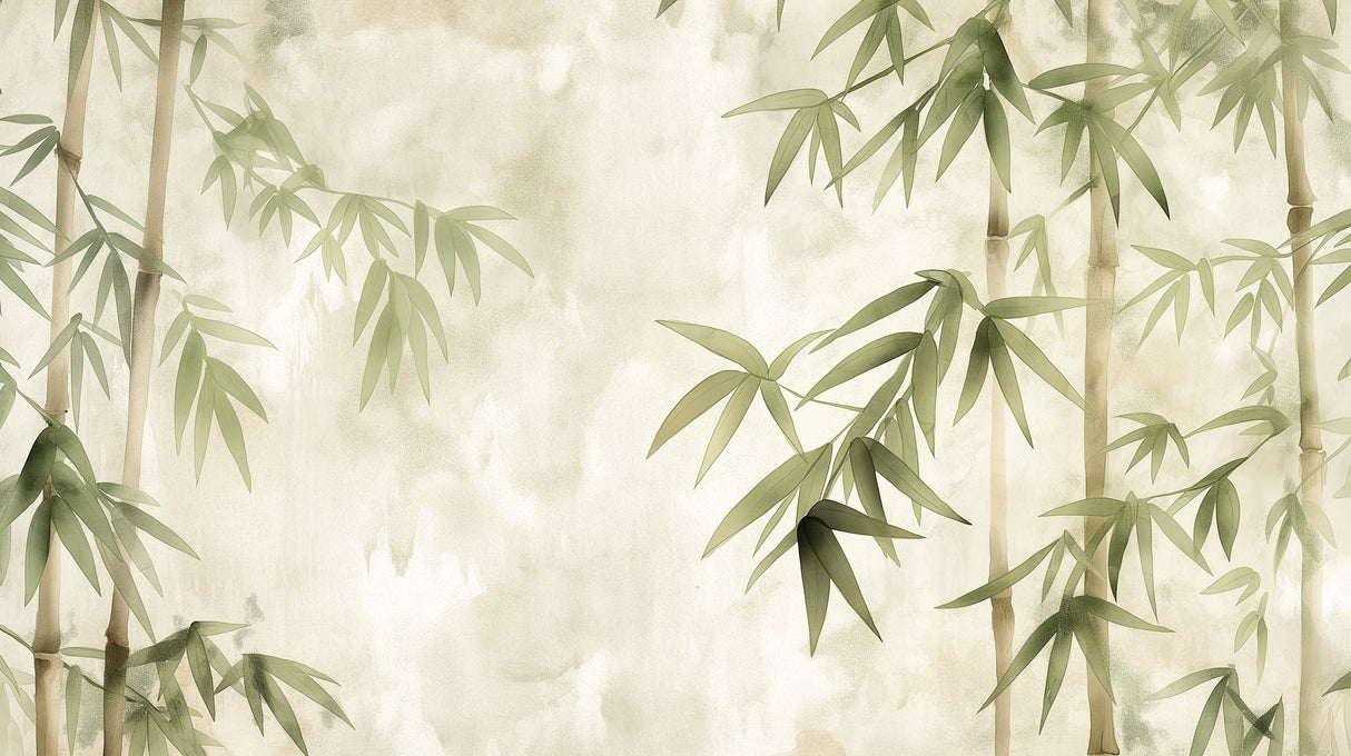 Bamboo forest wallpaper creating a peaceful atmosphere in a modern living room with minimalist furniture