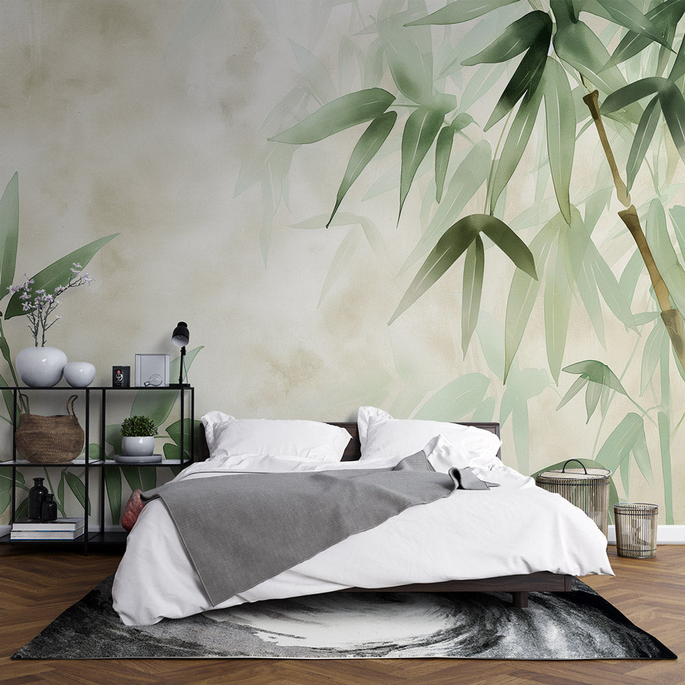 Bamboo leaf wallpaper creating a peaceful atmosphere in a modern living room with natural light