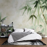 Bamboo leaf wallpaper creating a peaceful atmosphere in a modern living room with natural light