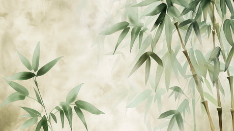 Zen bamboo wall mural bringing serenity to a minimalist bedroom setting