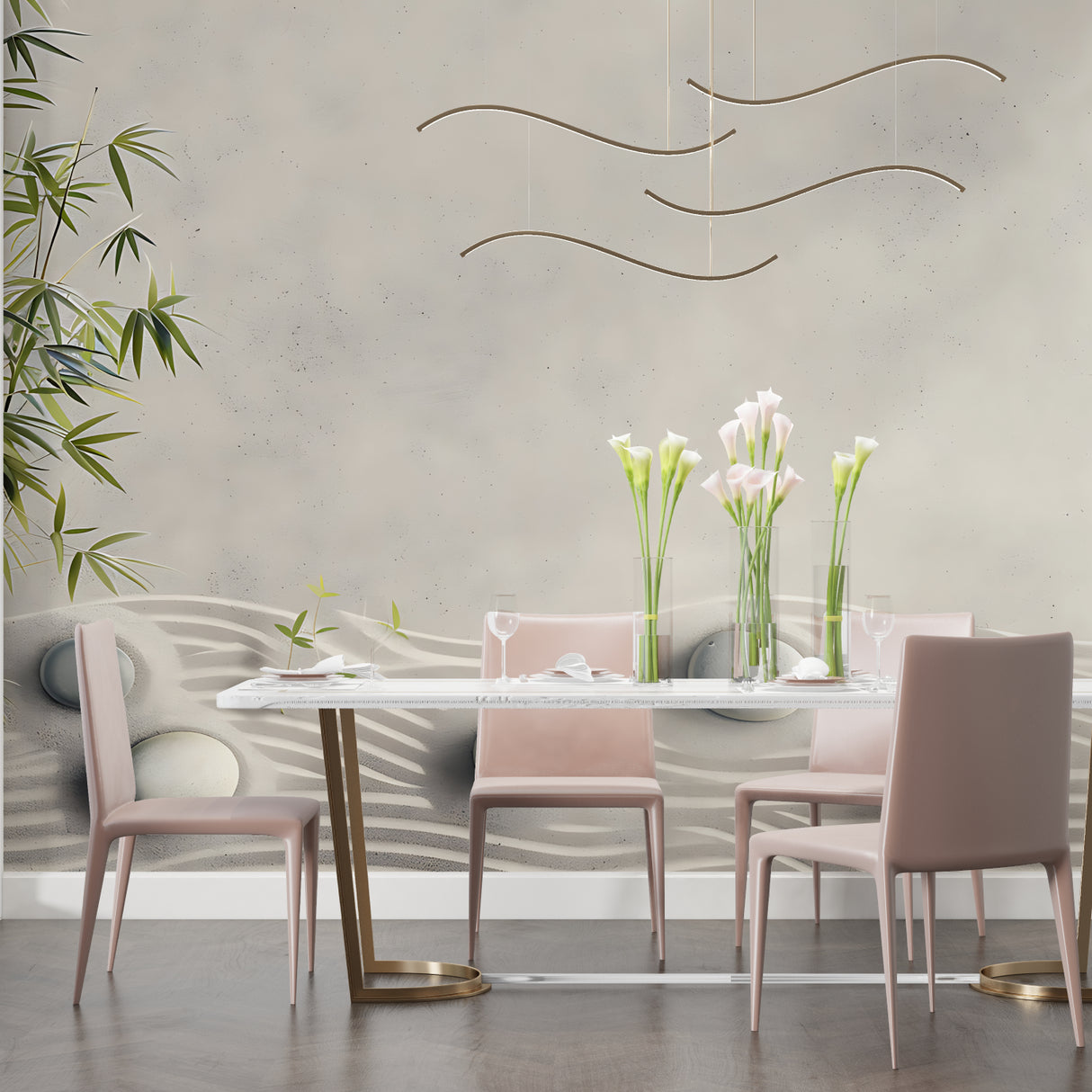 Zen bamboo wall mural bringing calm to a minimalist meditation space