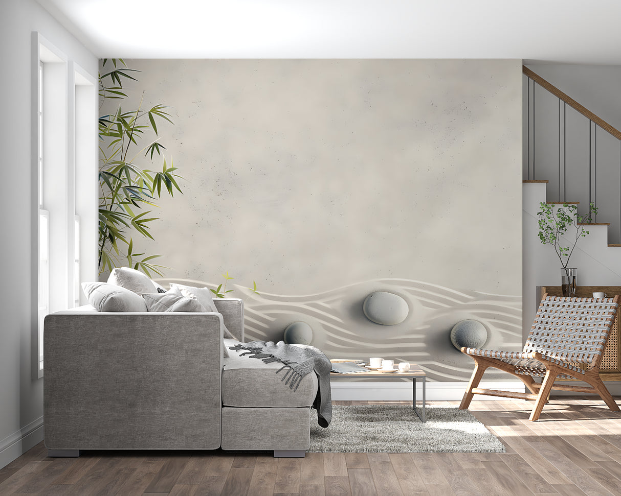 Stone wave pattern and bamboo leaves mural in a spa-like bathroom setting