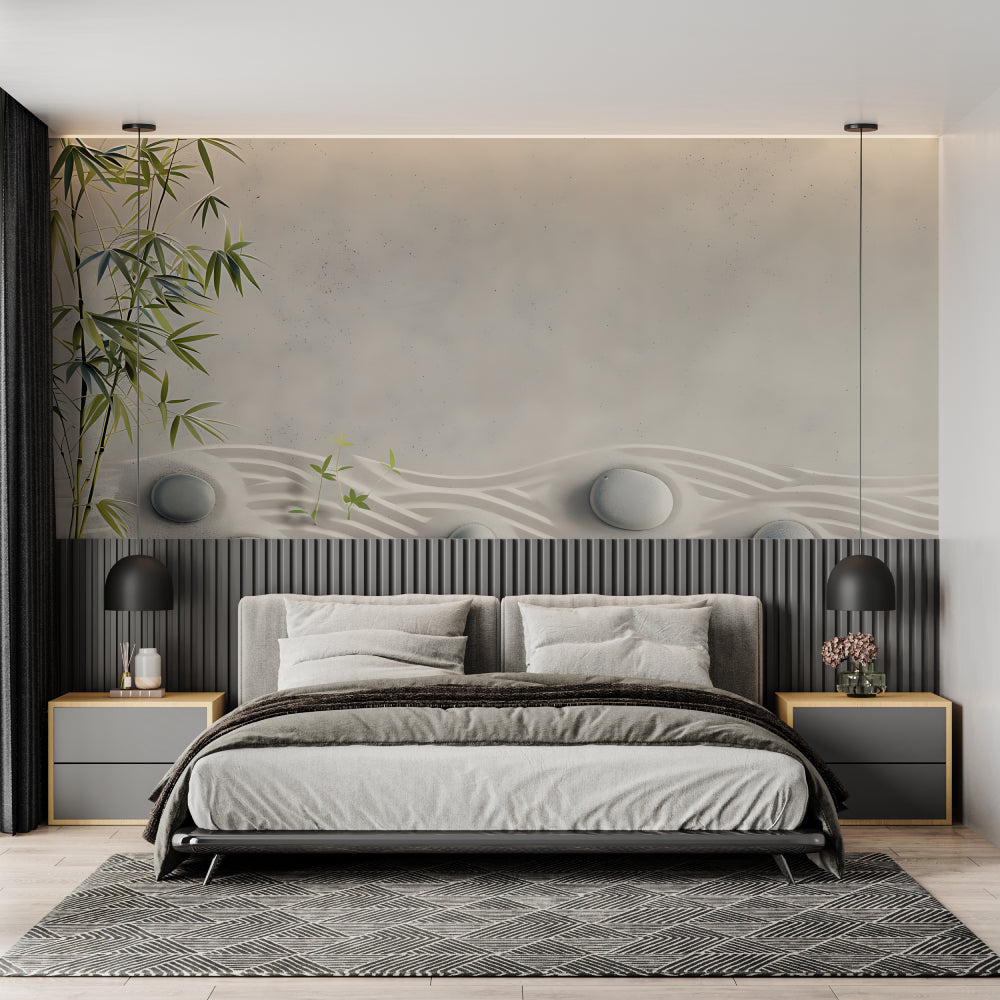 Japanese zen garden wallpaper creating tranquility in a home office