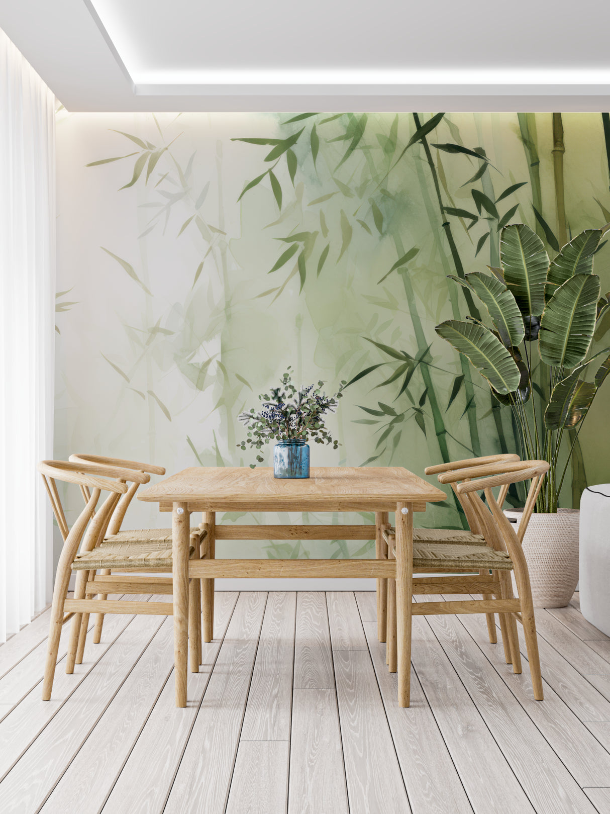 Watercolor bamboo mural in minimalist bedroom setting