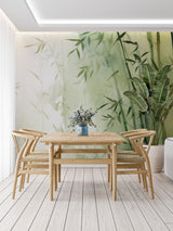 Watercolor bamboo mural in minimalist bedroom setting
