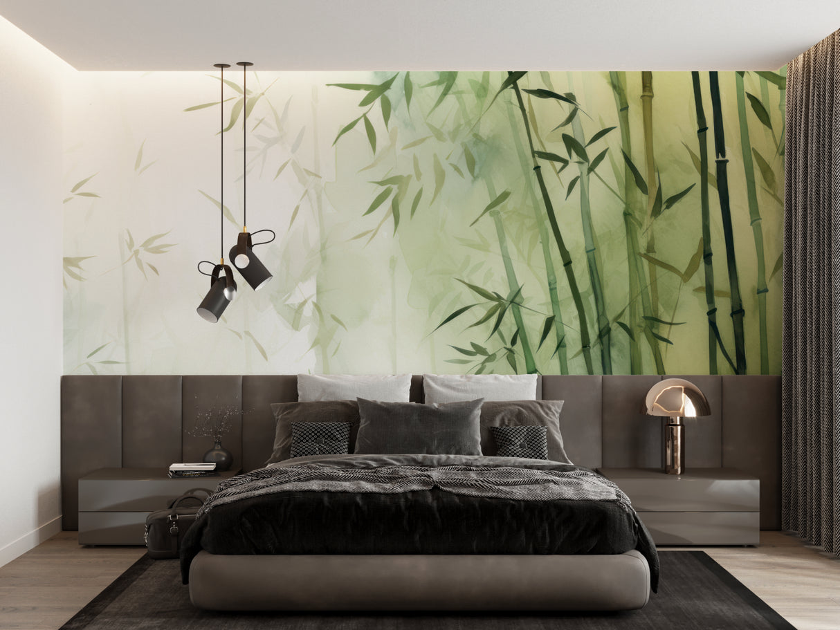 Green bamboo wall mural in peaceful meditation room