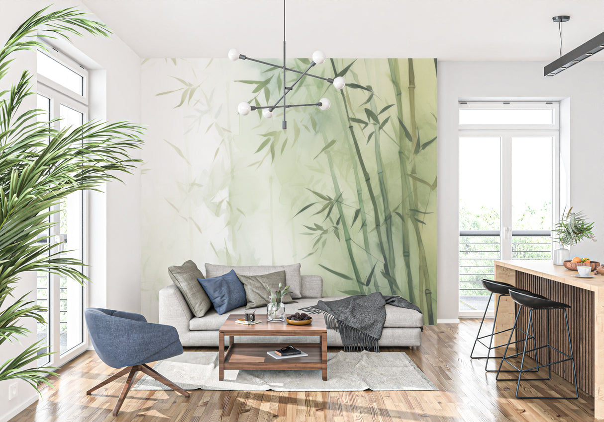 Zen bamboo wallpaper creating spa-like atmosphere in master bathroom