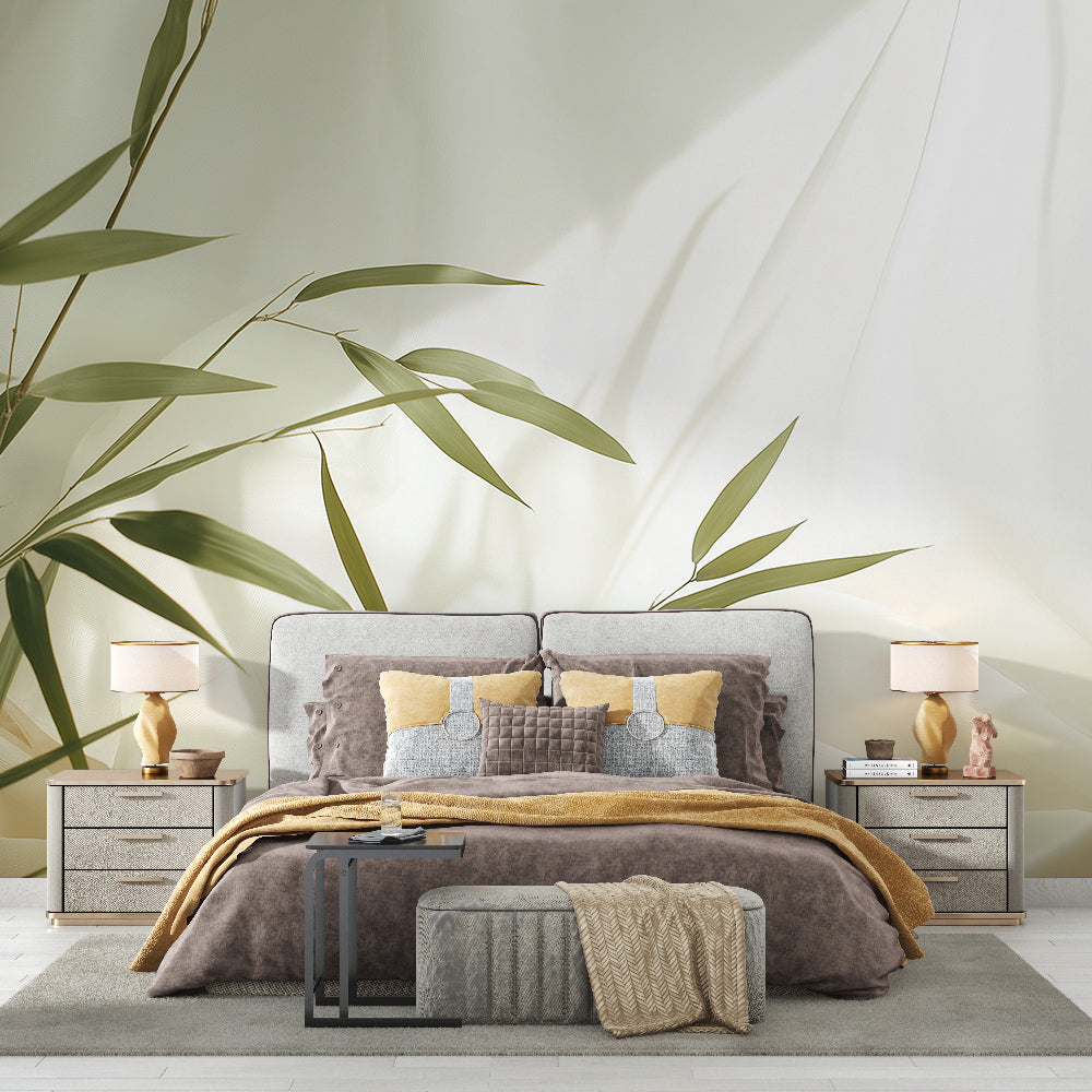 Bamboo leaf wallpaper creating a peaceful atmosphere in a modern living room with natural light and minimalist furniture