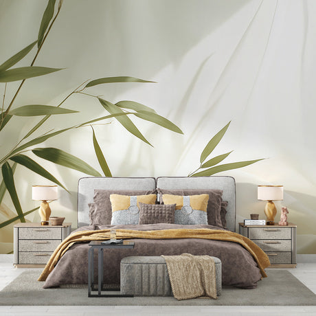 Bamboo leaf wallpaper creating a peaceful atmosphere in a modern living room with natural light and minimalist furniture