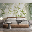 Bamboo wall mural creating a peaceful atmosphere in a modern living room with natural light highlighting the shadow patterns