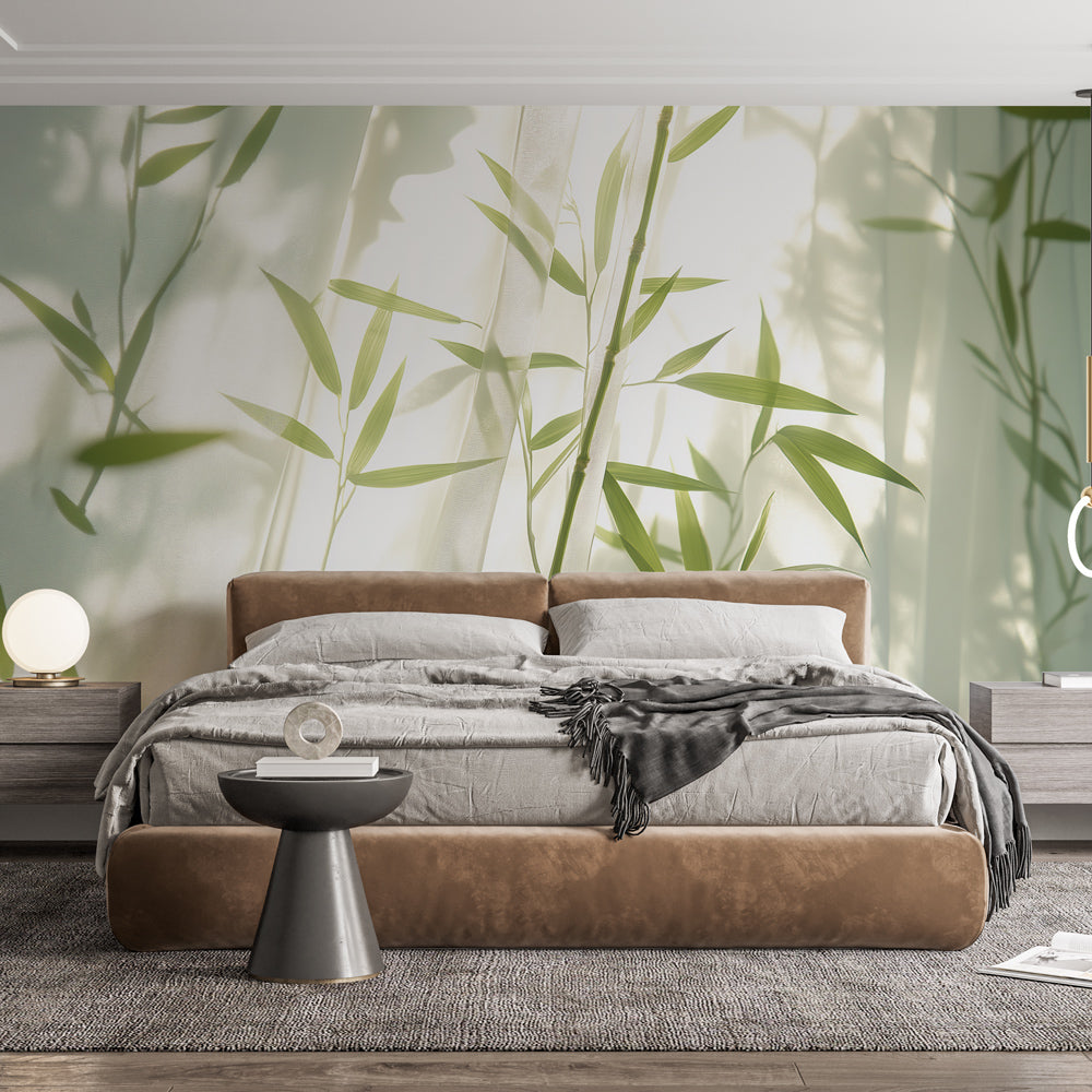 Bamboo wall mural creating a peaceful atmosphere in a modern living room with natural light highlighting the shadow patterns